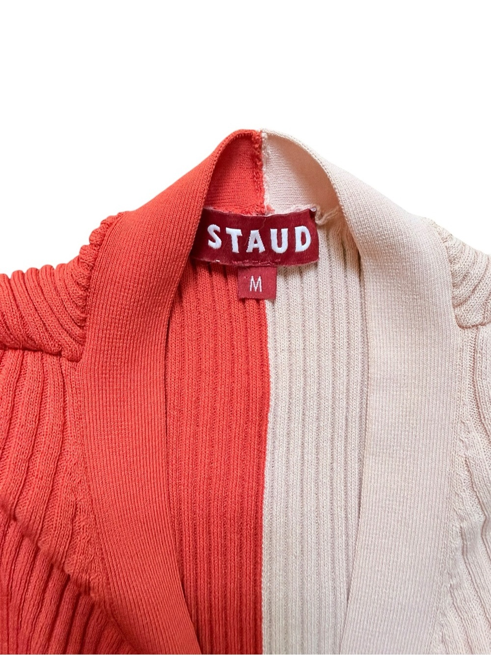 STAUD Shoko Colorblock Rib Knit Maxi Dress Coral Orange Pink Button Front Size M - Picture 5 of 11